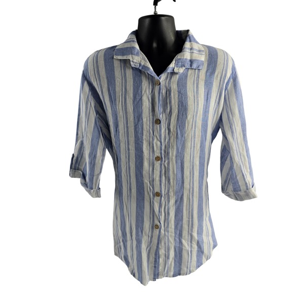Viola Borghi Tops - Viola Borghi Blue White Striped Linen Button Down Shirt Made in Italy Size M